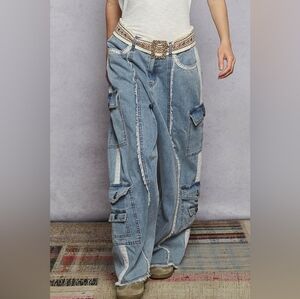 POL Light Blue Wide Leg Jeans with Lace Trim